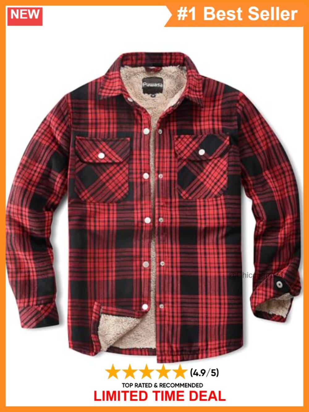Puwasa Cotton Flannel Shirt Jacket Sherpa Fleece Lined Plaid Button Down Casual